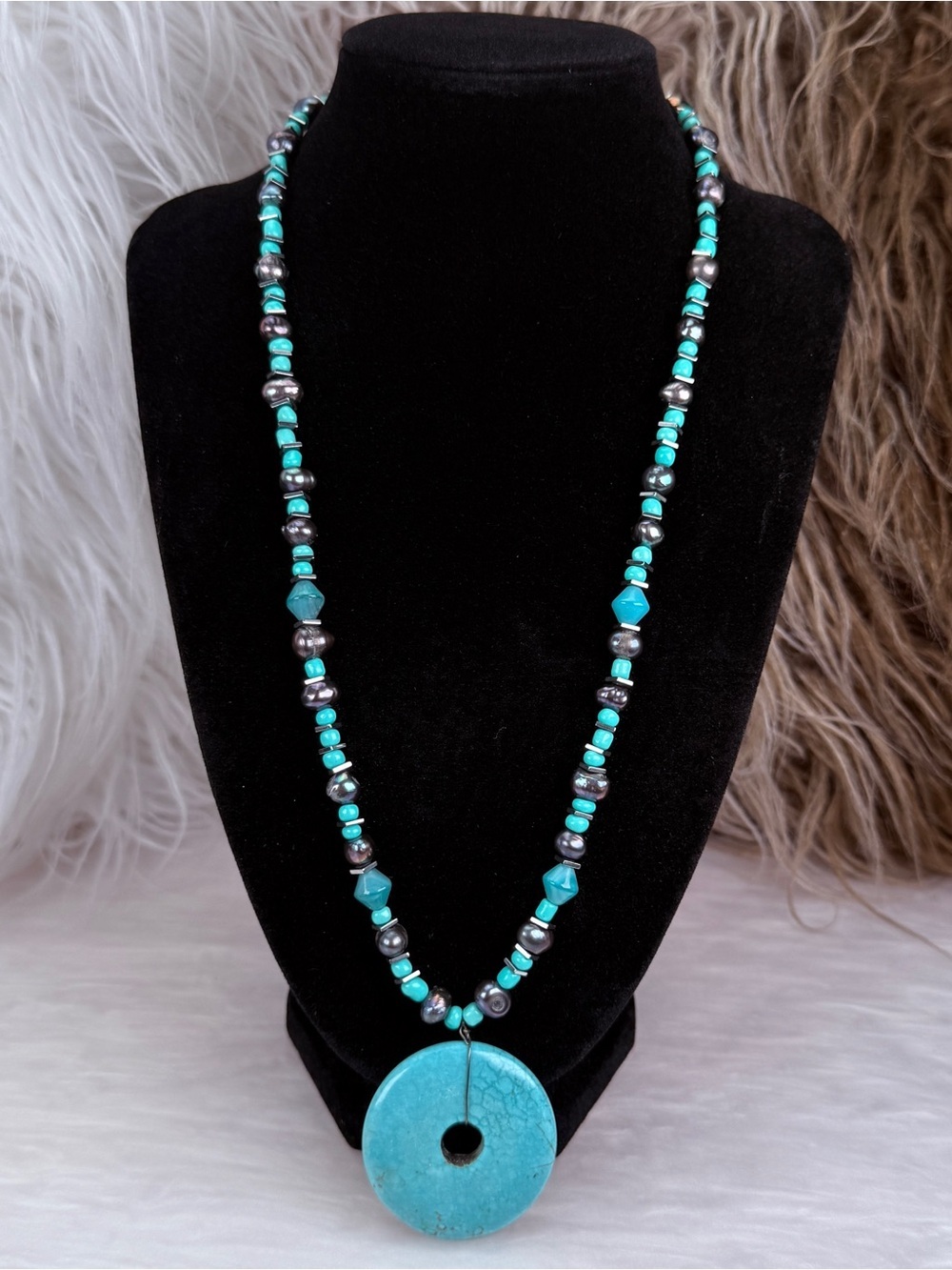 Statement Blue Donut Pendant Beaded Necklace Boho Artisan Heavy 30"